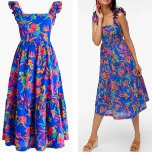 J. Crew Colorful Tropical Floral Square Neck Smocked Midi Dress Vacation Brunch